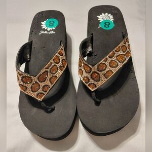 Yellow Box Women's Black Wedge Flip Flops W/Leopard Beaded Bling **Read Below